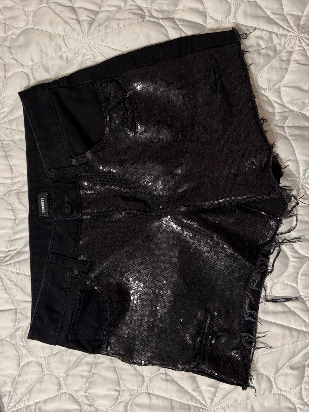 Express Black Sequin Denim Shorts